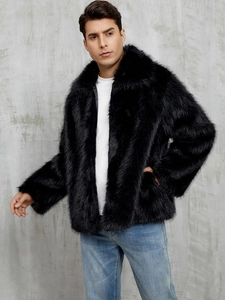 Detailed close-up showing the premium thick black faux fur texture and glossy finish of the jacket
