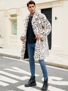 Detailed texture of men's long faux fur coat with leopard print and wide lapels