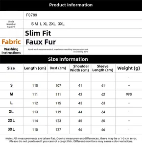 Size chart for leopard print faux fur coat showing S to 3XL measurements in centimeters