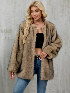 Detail view of plush brown faux fur coat showing thick texture and glossy finish