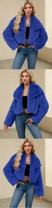 Detailed view of women's electric blue faux fur cropped jacket with wide lapels and long sleeves