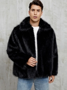 Men's stylish faux fur coat in black featuring a wide lapel collar and plush texture