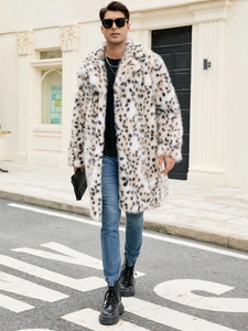 Close-up of fluffy faux fur texture and leopard pattern on long men's winter coat