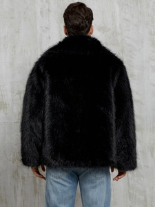Back view of a men's black faux fur jacket showing high-quality plush texture and fit