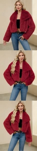 Detail of burgundy faux fur cropped jacket showing premium plush texture and wide lapels