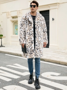 Detailed view of the luxury faux fur leopard print on this long-length men's coat