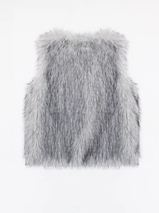 Detail of soft faux fur texture on grey V-neck sleeveless vest for autumn and winter