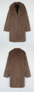 Front and back view of a long brown faux fox fur coat with a large notched lapel