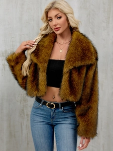 Detail of cropped faux fox fur jacket with textured brown and black fibers