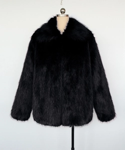 Close-up of black faux fox fur texture and classic lapel collar on a men winter coat