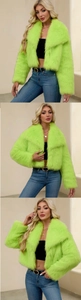 Multiple views of a neon green faux fur cropped jacket with wide collar and plush texture