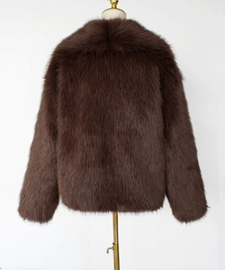 Detail of dark brown faux fur texture and back view of plush short winter jacket