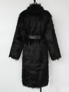 Back view of a long black faux fox fur coat featuring a matching belt and plush texture