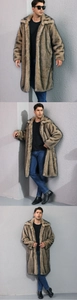 Detailed macro view of the striped faux fur texture and lapel on this men's long winter coat
