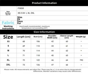 Size chart for women faux fur jacket showing measurements in cm for XS to 2XL