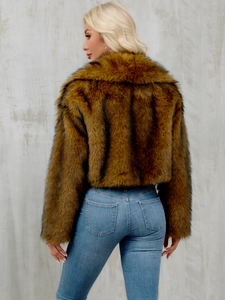 Brown faux fur jacket with tiger stripes pattern and fluffy texture in a short style