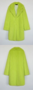 Detailed front and back view of long sleeve faux fox fur coat in vibrant neon green