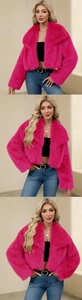 Detailed views of rose red faux fur jacket with large lapels and plush texture