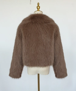 Back view of brown faux fur short jacket showing thick plush texture on a mannequin
