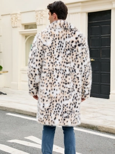 Men's long faux fur coat with bold leopard print and plush texture back view