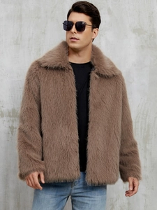 Detailed close-up of dark brown faux fur texture and lapel design on men's winter jacket