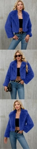 Detail of bright blue faux fur jacket showing plush texture and short lapel cropped design
