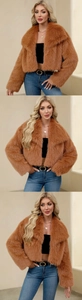 Detail view of caramel faux fur jacket with large lapels and fluffy plush texture