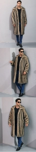 Macro view of plush brown faux fur texture and lapel collar on men's long winter coat