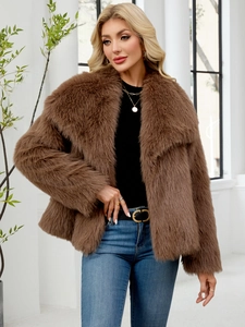 Close-up of premium dark brown faux fur jacket showing plush texture and oversized collar