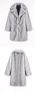 Detail view of the silver-grey faux fox fur coat showing the lapel and brand label