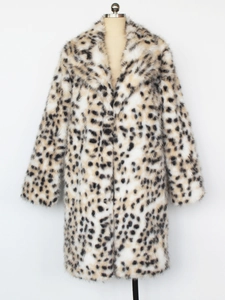 Detail of faux fur leopard print coat texture with thick plush fibers and large lapels
