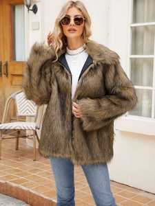 Women's brown faux fur coat with oversized lapels and fluffy plush texture for autumn winter