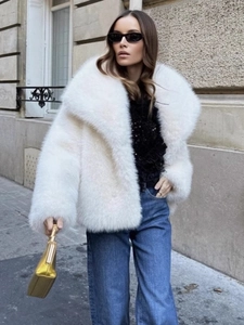 Manteau en Fausse Fourrure pour Femmes Veste à Manches Longues à Revers Vêtements de Dessus en Peluche Chaude d'Hiver Pardessus Urbain Élégant