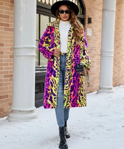 Detail of colorful leopard print faux fur coat with thick plush texture and lapel design