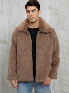 Front view of men's faux fur jacket featuring thick brown pile and a classic lapel collar