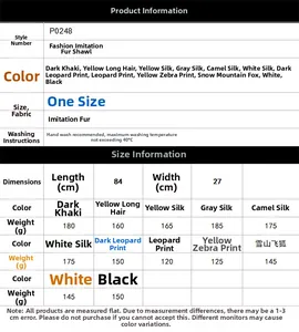 Detailed size chart for Viking faux fur cape, including length of 84cm and weight details