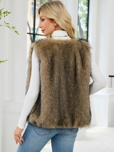 Rear view of long faux fur vest in brown blend showing soft plush texture and sleeveless cut