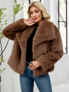 Brown faux fur jacket with large lapel design and fluffy texture for women's winter fashion