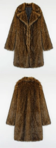 Detailed front and back view of a long tan faux fox fur coat with large lapel collar