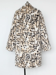 Back view detail of mid-length faux fur coat featuring classic leopard print pattern