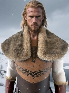Viking warrior costume featuring brown faux fur shawl and leather armor in snowy field