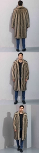 Detailed views of men's faux fur long coat with thick brown animal fur texture