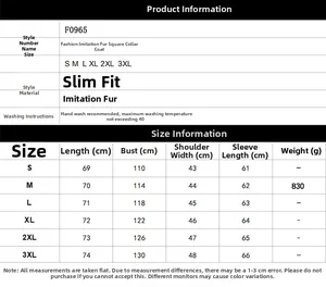 Detailed size chart for men's winter faux fur jacket showing lengths and chest measurements