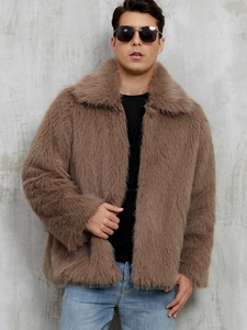 Detailed texture of thick brown faux fur jacket with classic lapel and plush finish