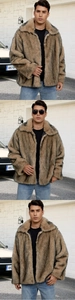 Detail of men's faux fur jacket with lapel collar and plush two-tone textured material