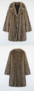 Front and back view of a long faux fox fur coat for men in brown with large lapels