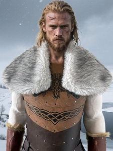 Viking warrior vest with gray faux fur collar and celtic knot print for cosplay