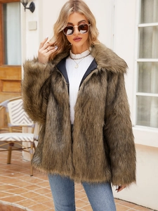 Close-up of olive green faux fur coat texture with plush finish and large lapel detail