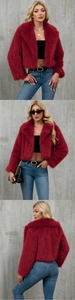 Three-way view of a wine red faux fur short jacket featuring wide lapels and soft texture