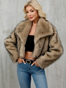 Close-up of fluffy brown faux fur jacket with thick texture and wide collar detail